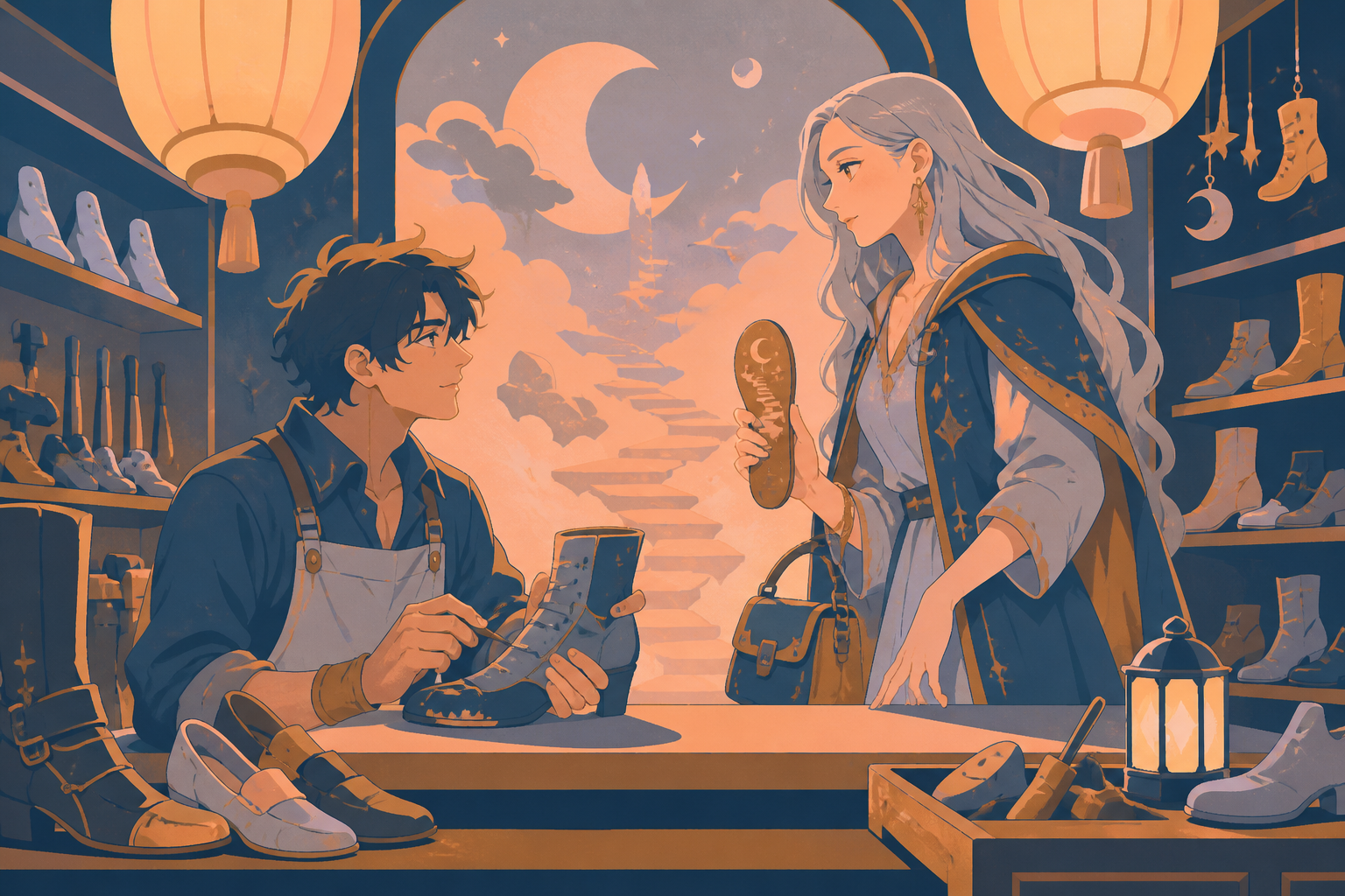 A cobbler repairing boots worn thin by journeys through dreams, when a familiar customer returns an item for a surprising reason. Counter-level composition with merchandise framing both characters. Sun-bleached peach, de