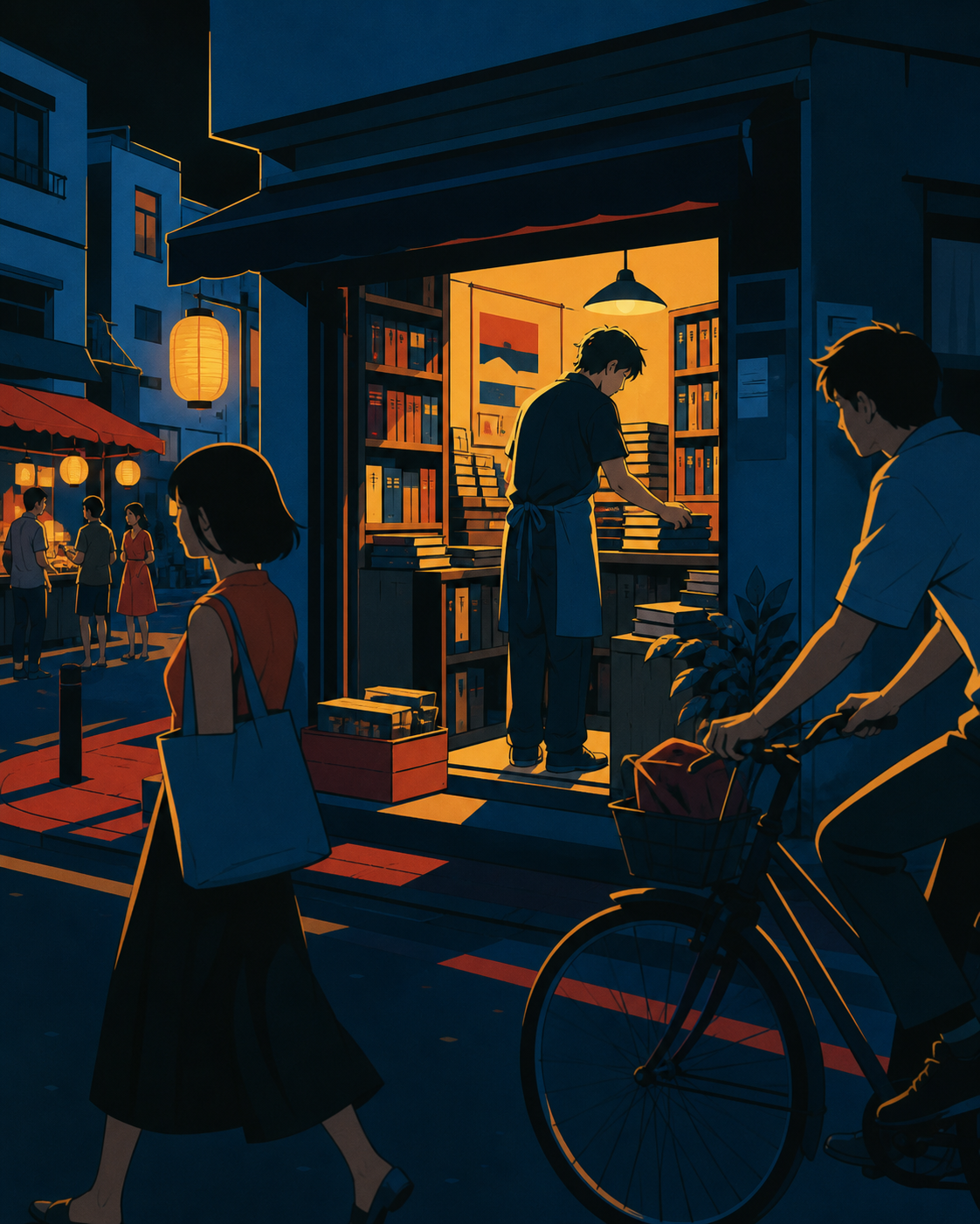 The owner of a tiny used-book shop closing long after midnight, during a humid summer evening alive with ordinary neighborhood activity. Observational street-level frame with foreground movement and a clear focal story. 