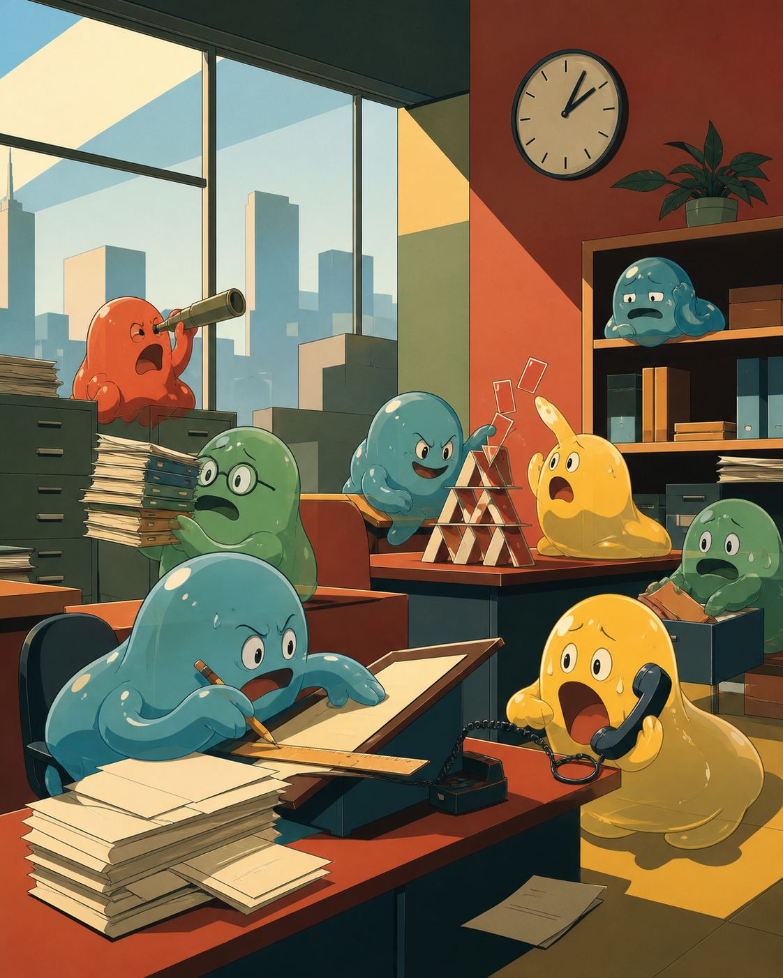 An office staffed by anxious slimes trying to meet an impossible deadline, working together with tremendous confidence and very little competence. Ensemble comedy tableau with several connected visual jokes. Clay red, sa