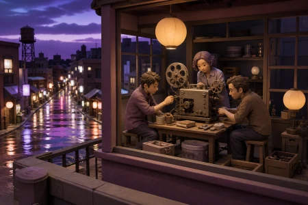 Three adult friends repairing an old rooftop cinema projector, just after rain leaves every street reflecting a different color. Cinematic wide shot composed through windows, signs