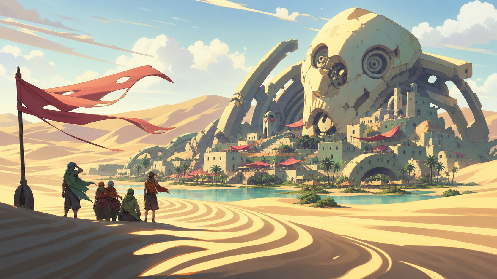 An oasis settlement built around the skeleton of an ancient machine, during a difficult crossing made beautiful by unfamiliar weather. Low desert viewpoint using foreground wind patterns to lead toward the destination. S