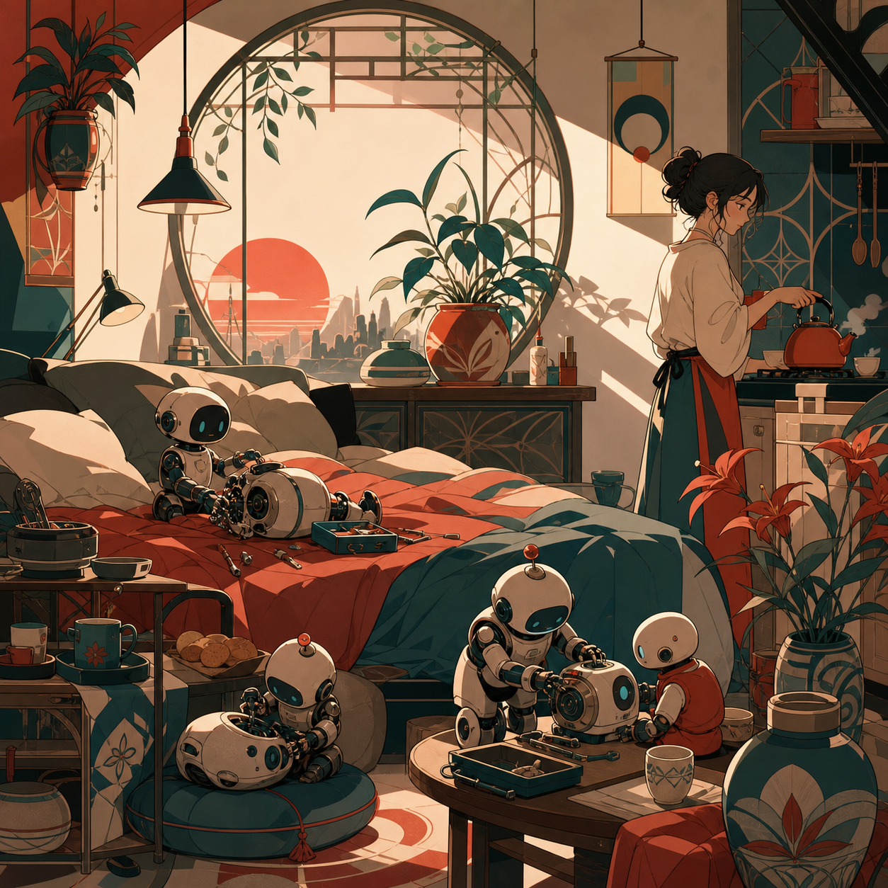 A cluttered bedroom workshop where miniature robots repair one another, at sunrise while breakfast and tea are being prepared. Inviting room-wide composition with several discoverable details. Vermillion, charcoal, warm 