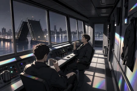 Two bridge operators sharing tea while a sleeping city crosses the river, during the private-feeling hour when public spaces belong to their workers. Long corridor or lobby view us