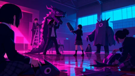 A theater club testing handmade monster costumes in an empty gym, during the final practice before a small public presentation. Room-wide ensemble composition organized around the 