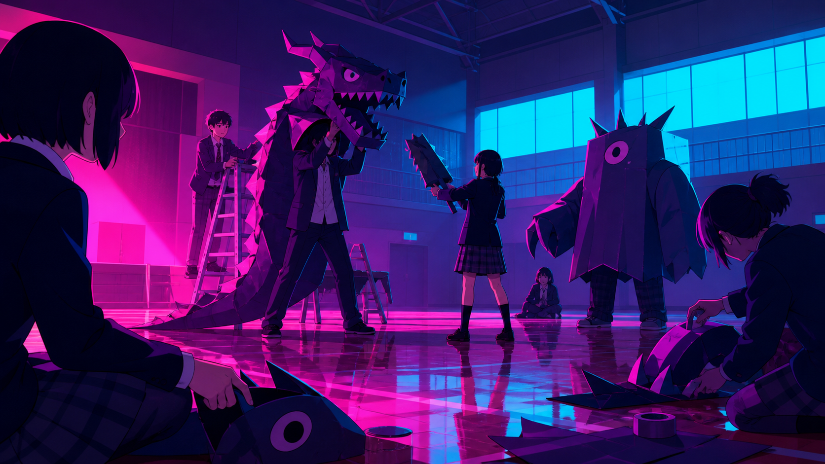A theater club testing handmade monster costumes in an empty gym, during the final practice before a small public presentation. Room-wide ensemble composition organized around the club activity. Saturated magenta, electr