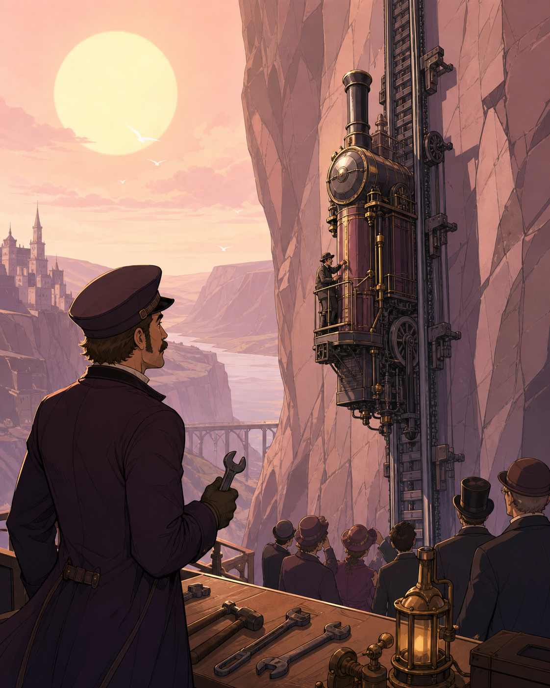 A Victorian railway engineer testing a locomotive designed for vertical tracks, grounded in everyday work and convincing period behavior. Observational workplace view where the unusual machine feels routine. Muted rose, 