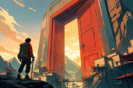 A mountain climber standing beside a doorway the size of the horizon, during a journey that uses the giant object as landscape. Low viewpoint making the familiar object feel monume