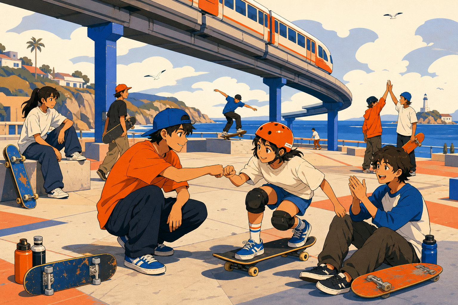 Teen skateboarders practicing beneath a coastal monorail, during practice where encouragement matters more than competition. Ensemble composition linking several different activities across the plaza. Cobalt, persimmon o