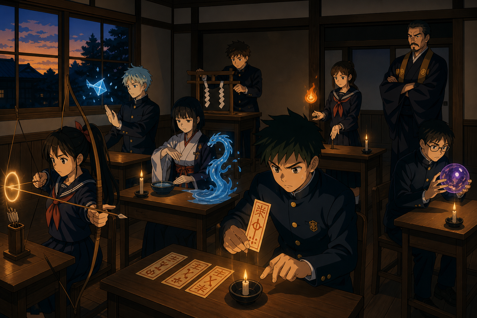 Young shrine guardians taking a practical exam at dusk, on an ordinary school day shaped by one magical rule. Classroom-wide ensemble with every student's activity clearly separated. Amber, walnut brown, rain blue, and t