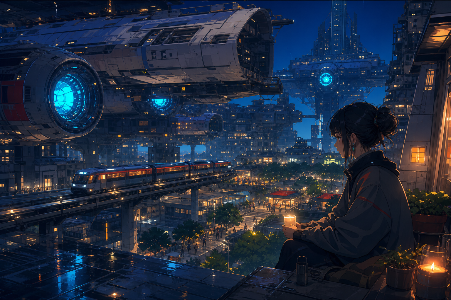 A dense orbital neighborhood assembled from retired spacecraft, on a humid night after rain, full of reflections and everyday life. Grand city panorama balanced by one intimate foreground detail. Petrol blue, oxide red, 