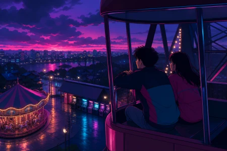 Teen friends riding a nearly empty ferris wheel after a summer storm, at the top of a ride where the surrounding city becomes visible. Quiet walkway perspective after closing with 