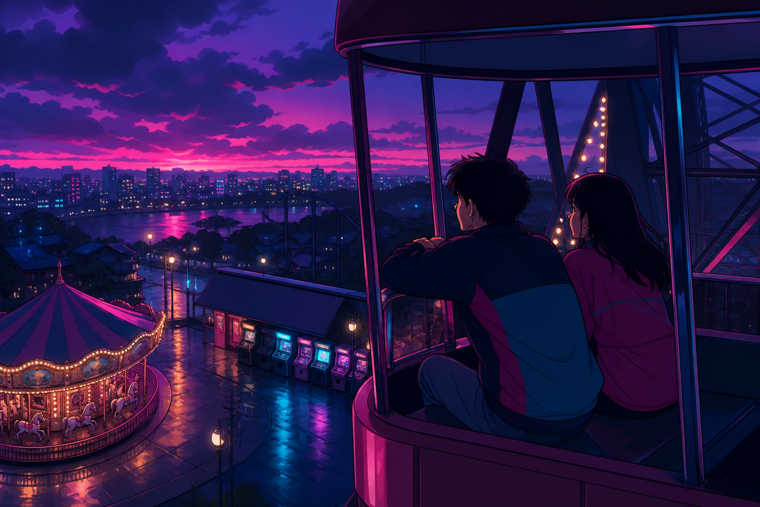 Teen friends riding a nearly empty ferris wheel after a summer storm, at the top of a ride where the surrounding city becomes visible. Quiet walkway perspective after closing with one whimsical event. Saturated magenta, 