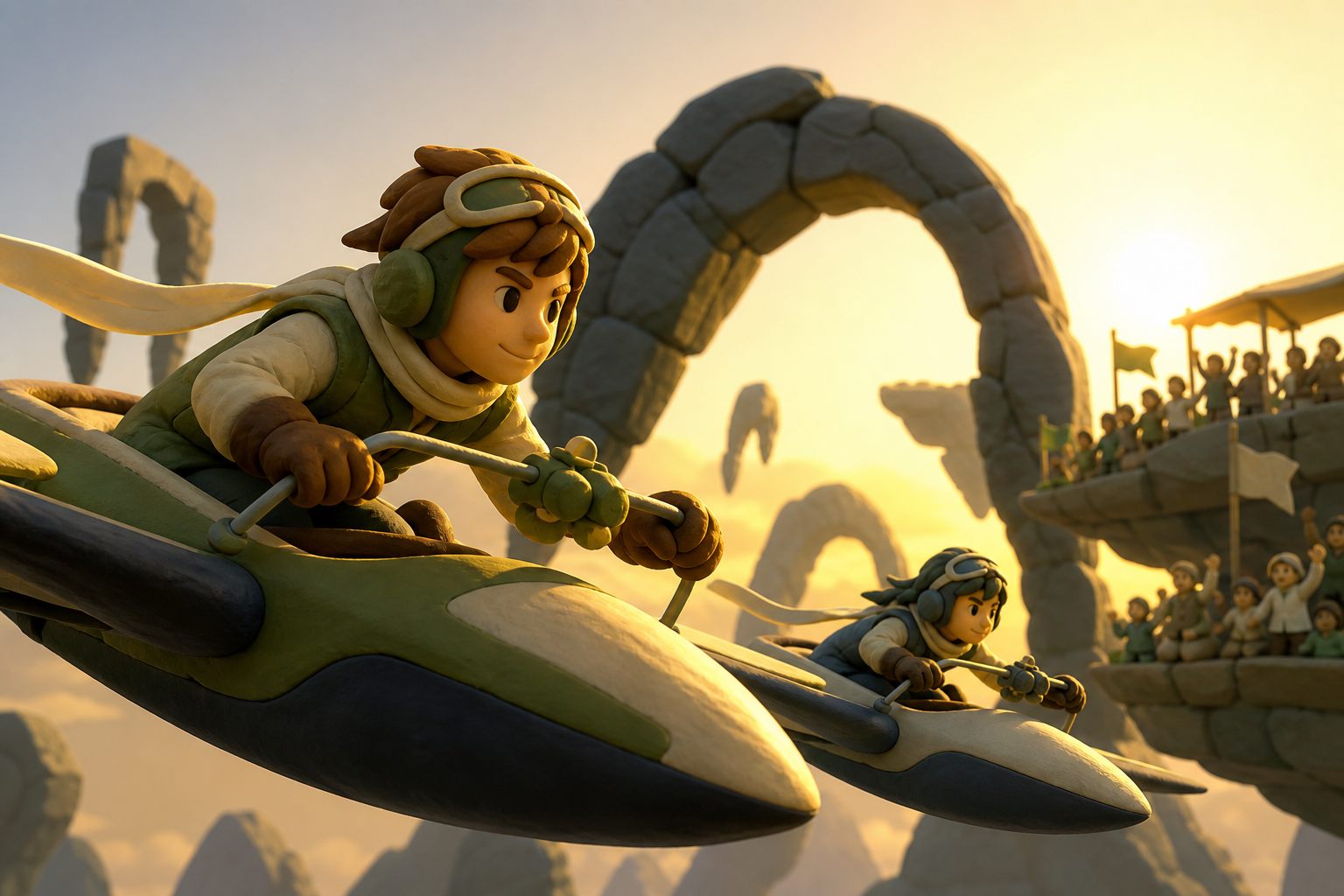 Teen pilots racing lightweight gliders between floating stone arches, at sunrise before a vast crowd gathered on suspended terraces. Close side view of two racers against a simple distant landscape. Moss green, slate gra