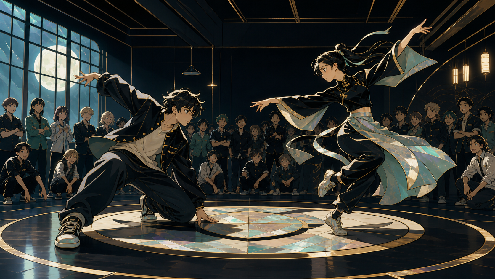 Two school dance clubs combining styles during a friendly final, on a clean open floor where complete body movement remains readable. Wide circle composition preserving complete dancer silhouettes. Moonlit indigo, oxidiz