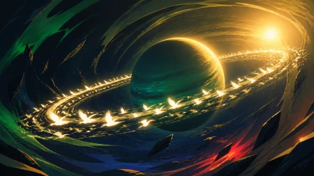 A ringed planet whose rings are made from migrating luminous birds, at the calm center of a vast gravitational phenomenon. Expansive widescreen composition with strong negative spa