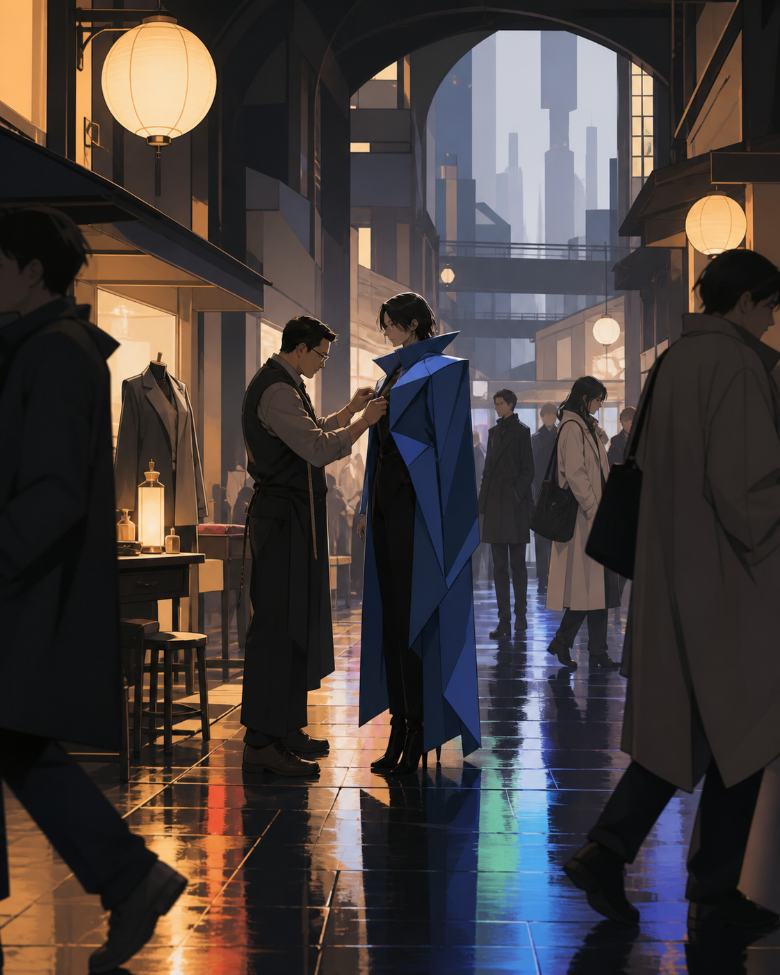 A tailor fitting an impossible coat in a crowded underground arcade, just after rain leaves every street reflecting a different color. Observational street-level frame with foreground movement and a clear focal story. So