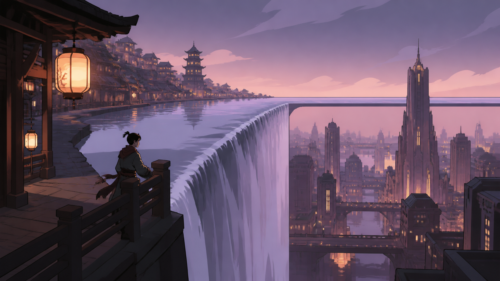 A waterfall bending into a horizontal river above a city, during a calm human moment that grounds the surreal structure. Symmetrical frame contrasting two realities through a central boundary. Mulberry, tea brown, tarnis