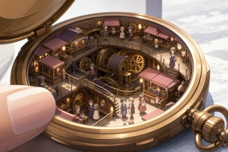 A bustling market hidden inside the mechanism of a pocket watch, observed at close range with ordinary objects revealing the tiny scale. Macro diorama composition with one ordinary