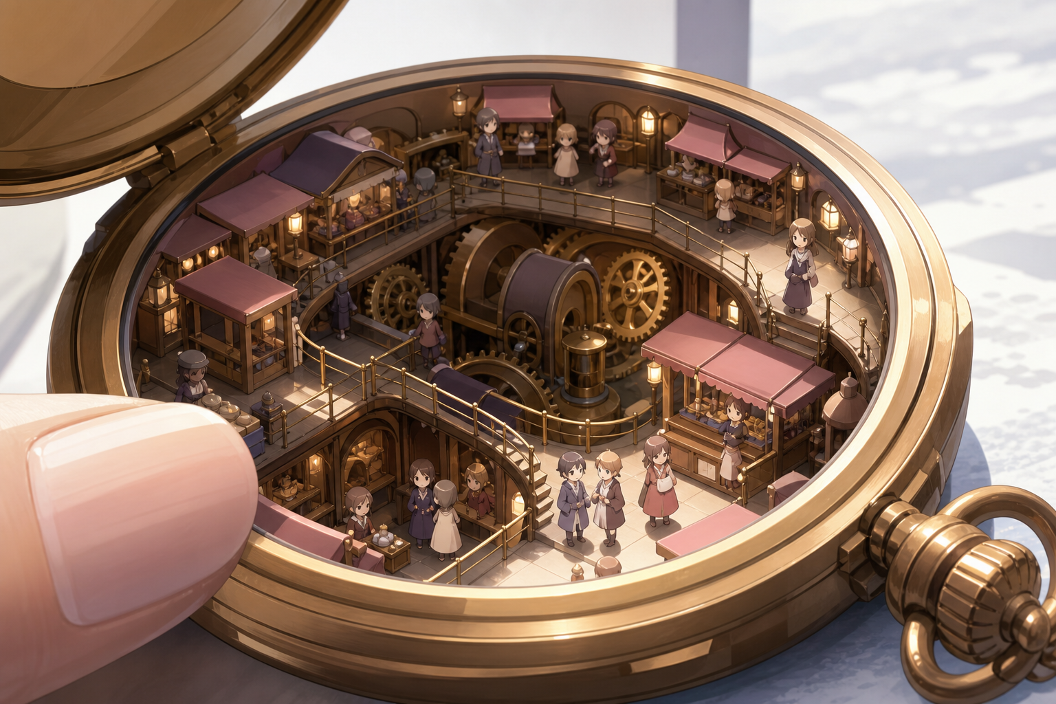 A bustling market hidden inside the mechanism of a pocket watch, observed at close range with ordinary objects revealing the tiny scale. Macro diorama composition with one ordinary object anchoring scale. Muted rose, par