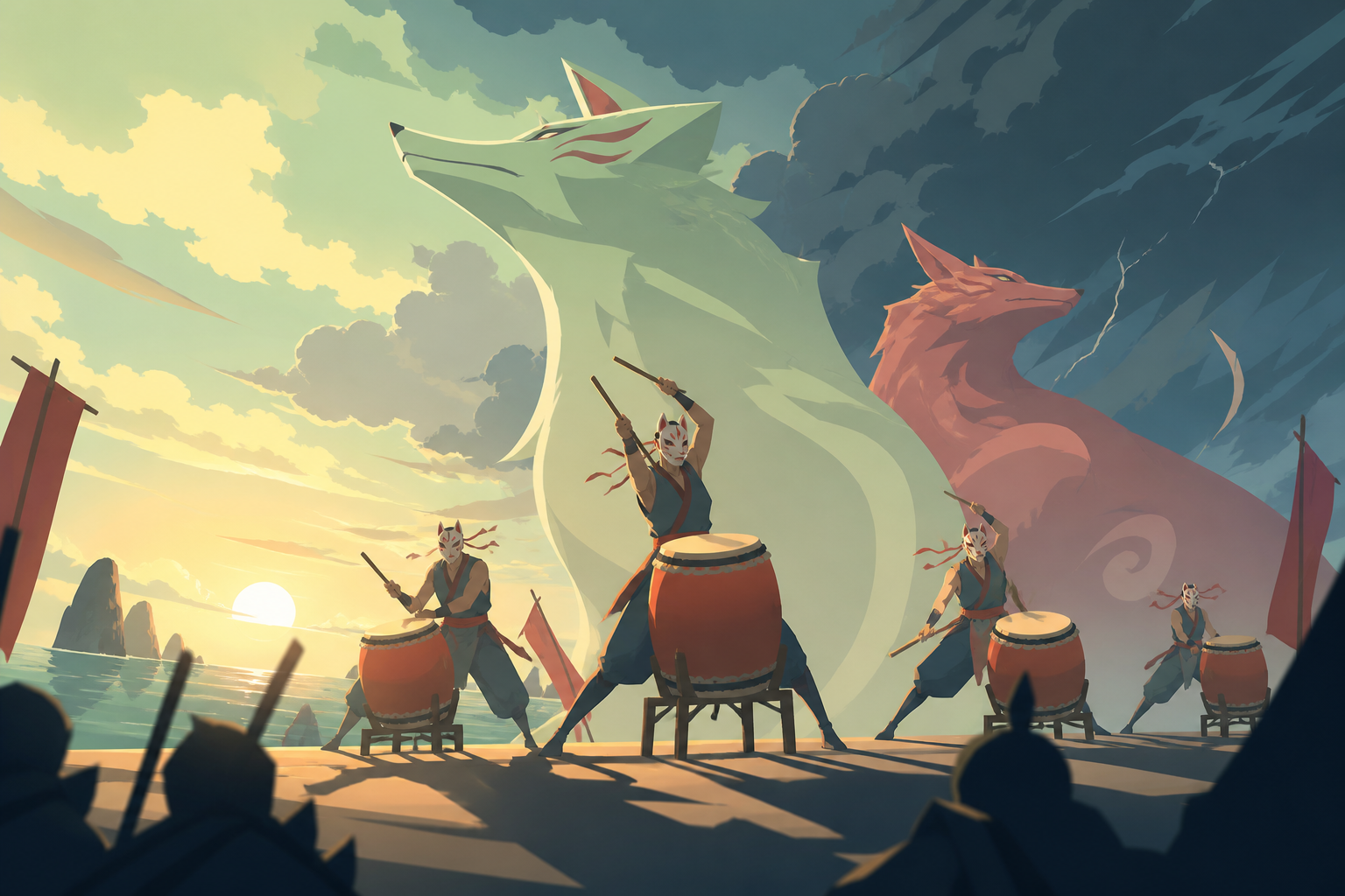 A masked taiko ensemble performing before an approaching summer storm, captured at the emotional peak of the performance. Intimate low-angle concert view with dramatic foreground silhouettes. Soft pistachio, butter yello