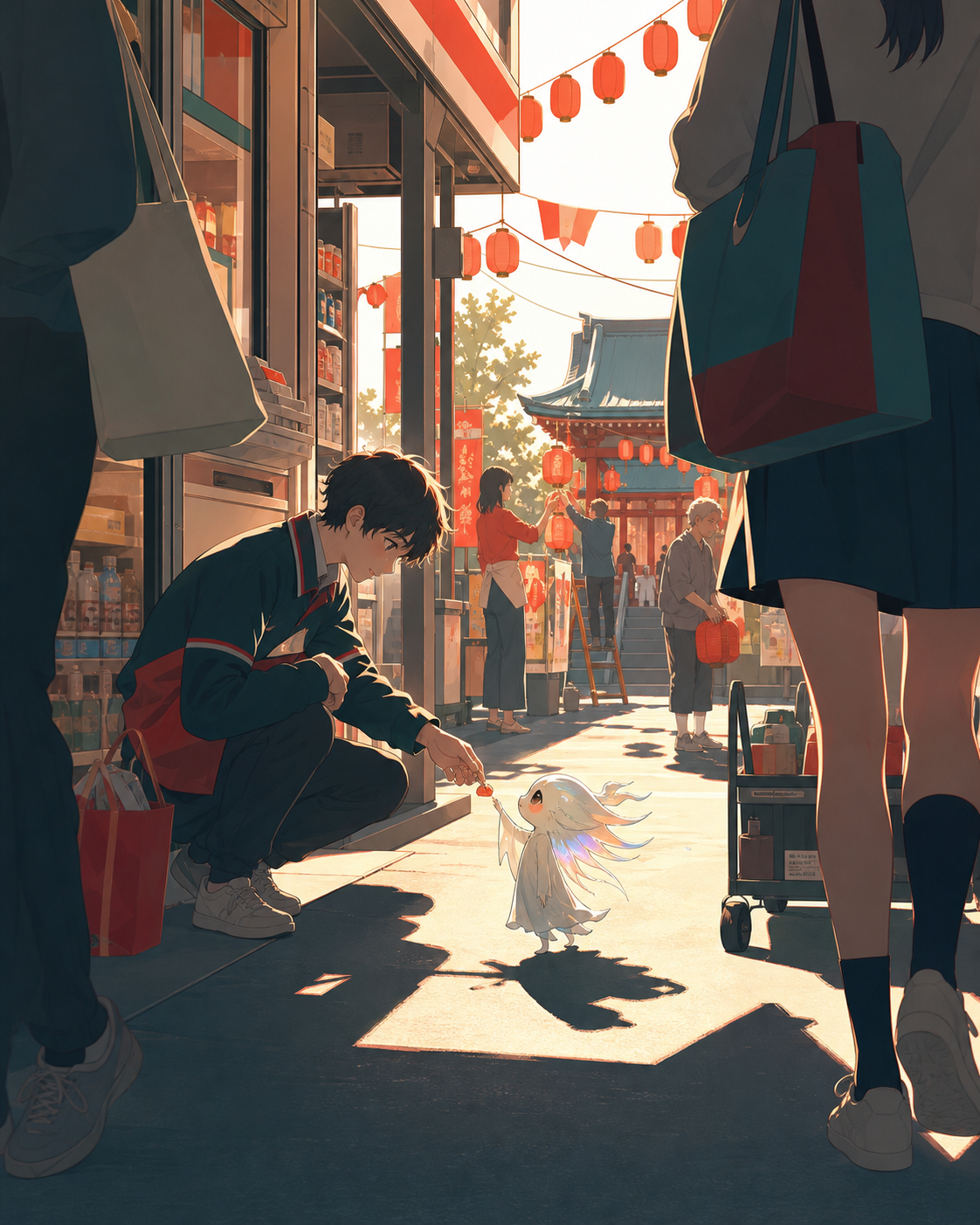 A teenage convenience-store clerk helping a tiny lost city spirit, as neighbors prepare together for a small local celebration. Street-level view with foreground pedestrians and a clear destination beyond. Vermillion, ch