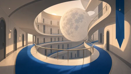 An impossible hotel whose hallways curve around a captive moon, shown empty just before its inhabitants wake. Architectural hero view with controlled symmetry and deep spatial laye
