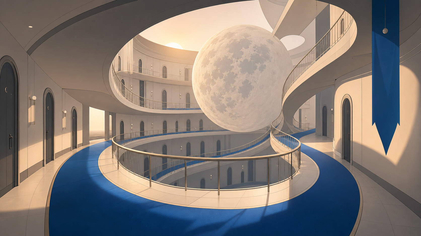 An impossible hotel whose hallways curve around a captive moon, shown empty just before its inhabitants wake. Architectural hero view with controlled symmetry and deep spatial layers. Soft monochrome with a single satura