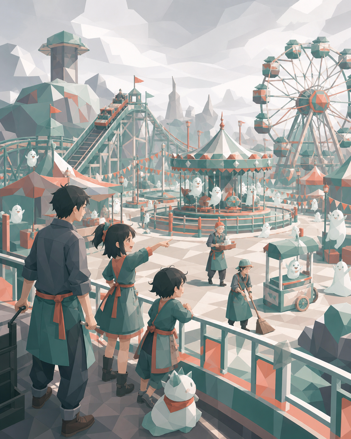 A family operating a tiny traveling carnival for friendly spirits, on a quiet weekday with more staff than visitors. Wide park panorama anchored by one relationship in the foreground. Sea-glass green, faded coral, storm 