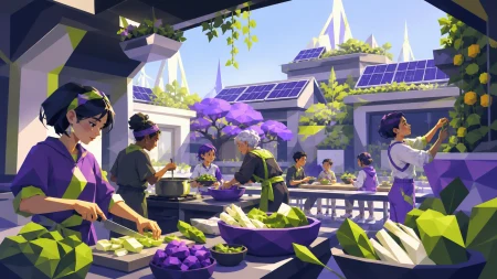 A community kitchen preparing a meal from rooftop gardens, during collaborative everyday work in a hopeful future. Wide courtyard ensemble organized around one shared activity. Aci