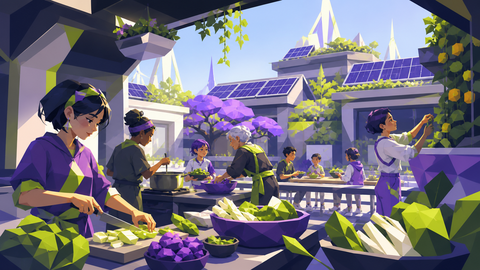 A community kitchen preparing a meal from rooftop gardens, during collaborative everyday work in a hopeful future. Wide courtyard ensemble organized around one shared activity. Acid lime, ultraviolet, matte navy, and tra