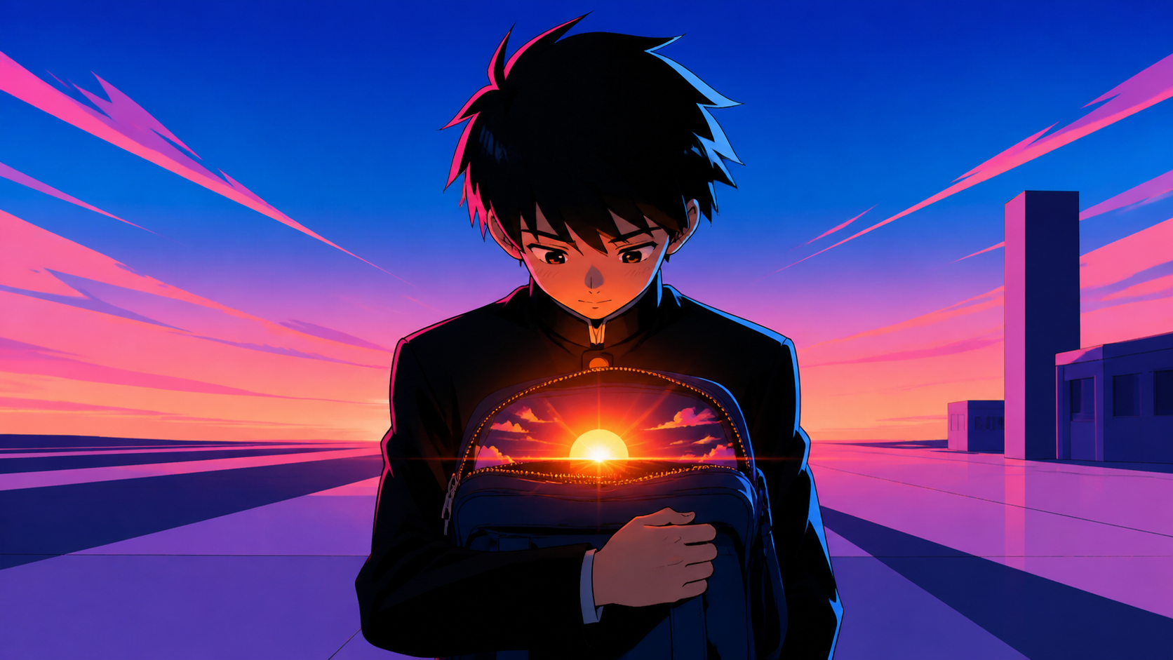 A shy student carrying a small sunrise inside their school bag, in a sparse setting that gives the metaphor room to breathe. Poetic centered composition built around one symbolic action. Saturated magenta, electric cyan,