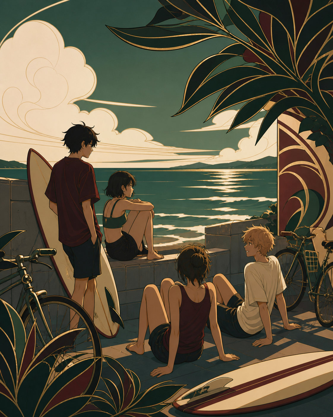 Teen surfers waiting together for a calm final wave, during a bright relaxed day built around companionship and place. Intimate group scene framed by broad water and sky zones. Burgundy, midnight green, bone white, and b
