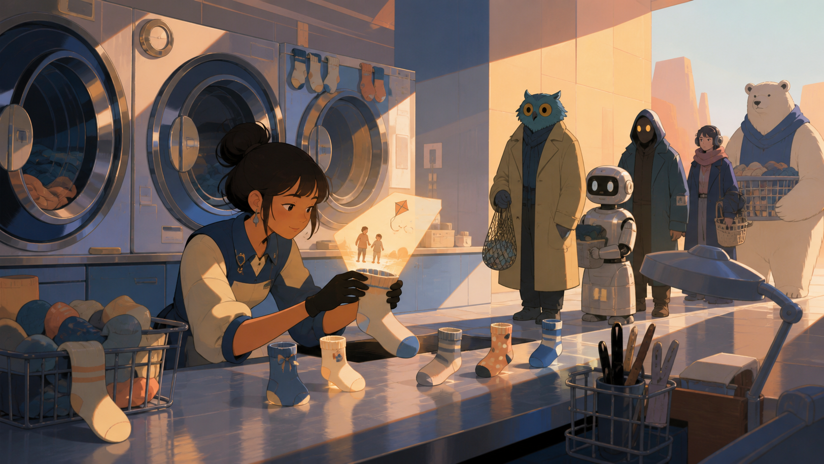 An all-night laundromat where misplaced socks return carrying forgotten memories, while a line of unusual customers waits with patient familiarity. Counter-level composition framed by tools and waiting customers. Sun-ble