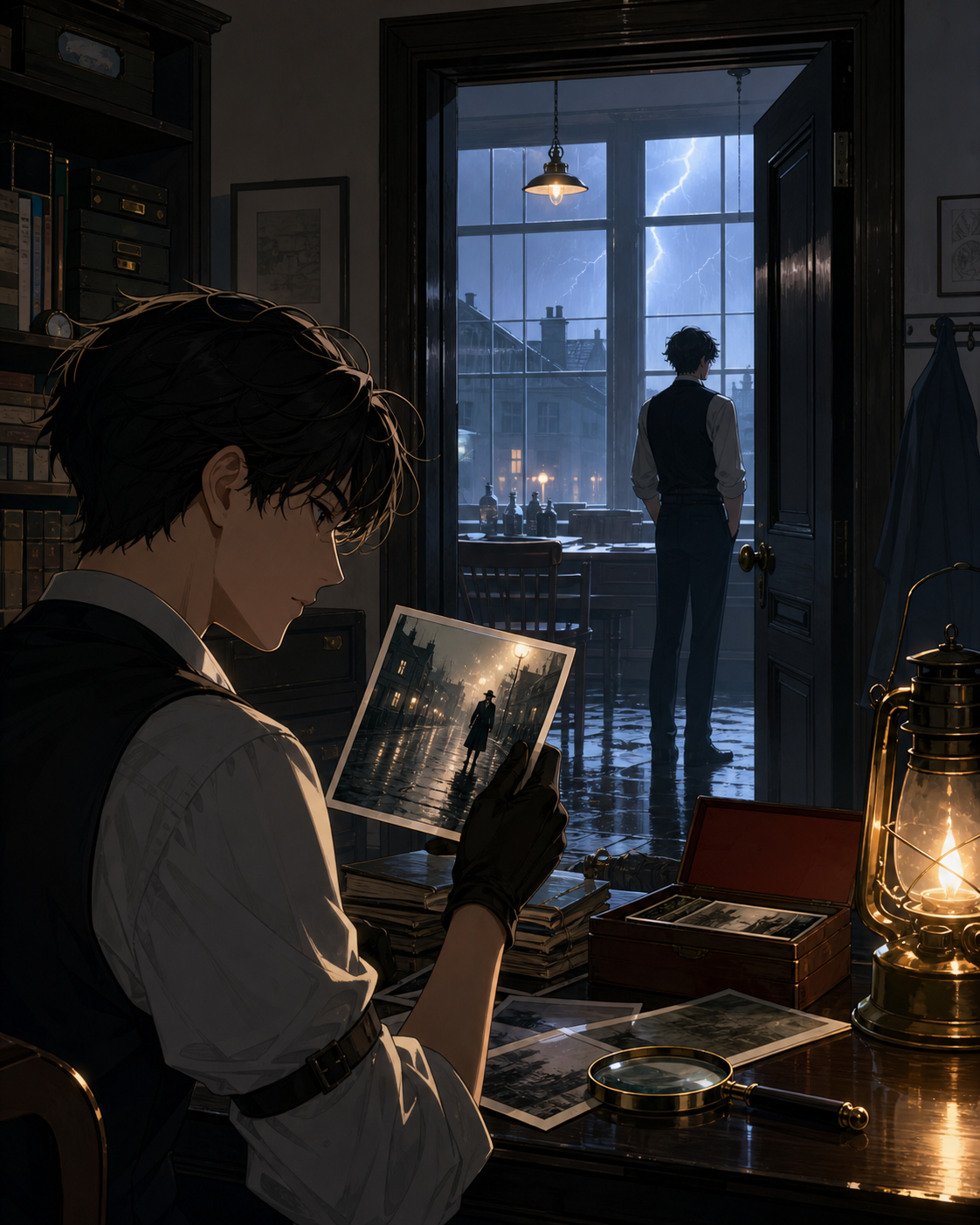 A private archivist examining a photograph that changes whenever lightning flashes, inside a precise but surreal investigation scene with no violence shown. Cinematic noir frame using doorways and reflected figures to la