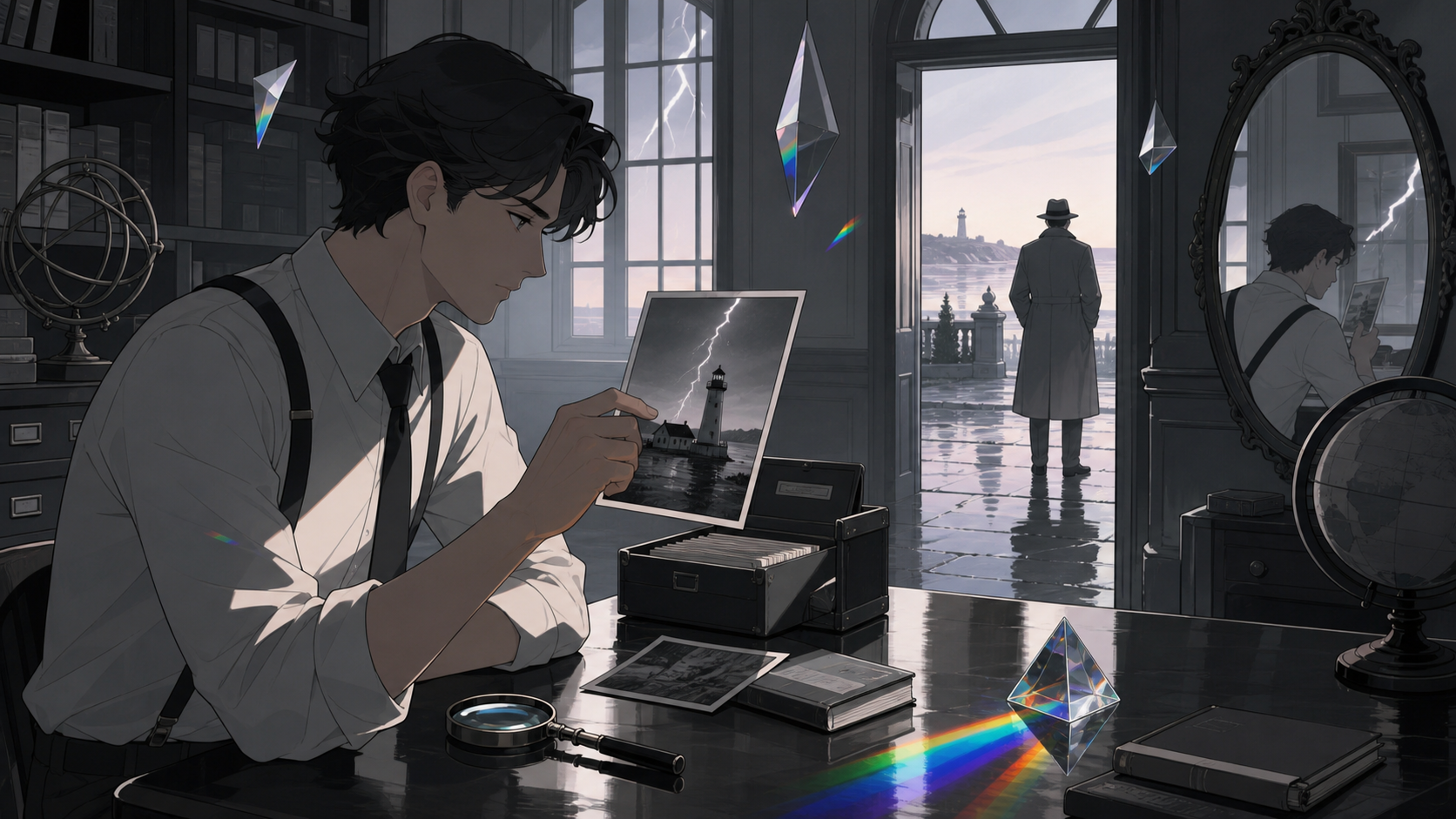 A private archivist examining a photograph that changes whenever lightning flashes, inside a precise but surreal investigation scene with no violence shown. Cinematic noir frame using doorways and reflected figures to la