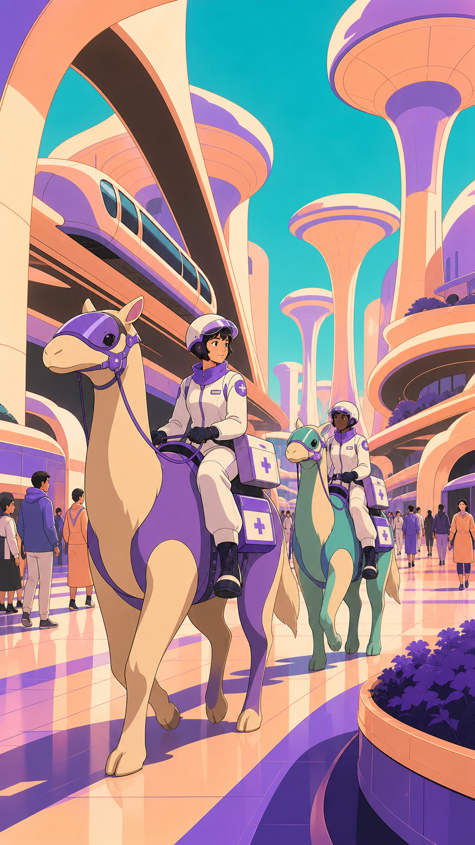 Medical couriers riding gentle engineered animals through pedestrian lanes, on a bright day that emphasizes clean forms and civic scale. Grand civic avenue view with biological towers framing daily activity. Apricot, orc