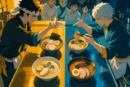 Rival ramen chefs exchanging techniques during a friendly final, at a decisive but joyful moment where technique is clearly visible. Overhead-leaning composition comparing several 