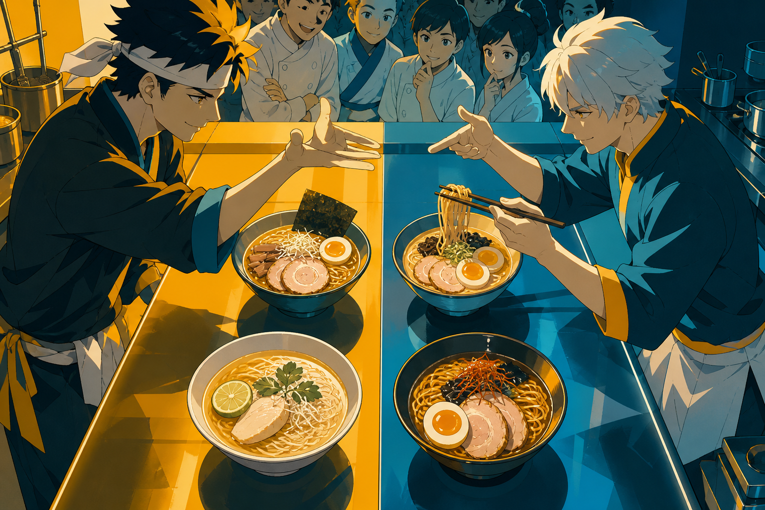 Rival ramen chefs exchanging techniques during a friendly final, at a decisive but joyful moment where technique is clearly visible. Overhead-leaning composition comparing several finished dishes. Saffron, peacock blue, 