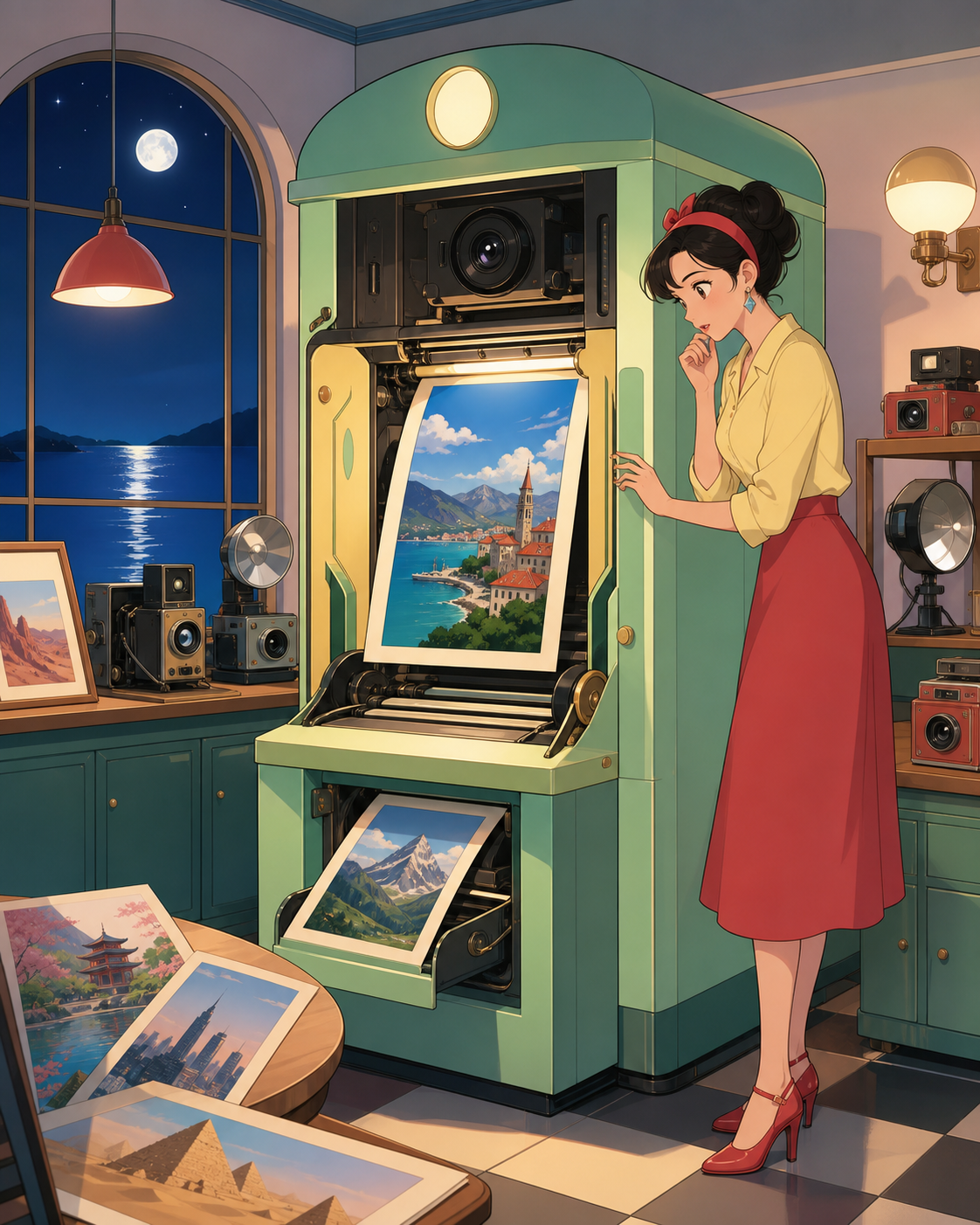 A photo booth developing portraits of places its customers have not visited yet, as one machine behaves differently from every previous night. Nostalgic room-wide frame organized around one active machine. Soft pistachio