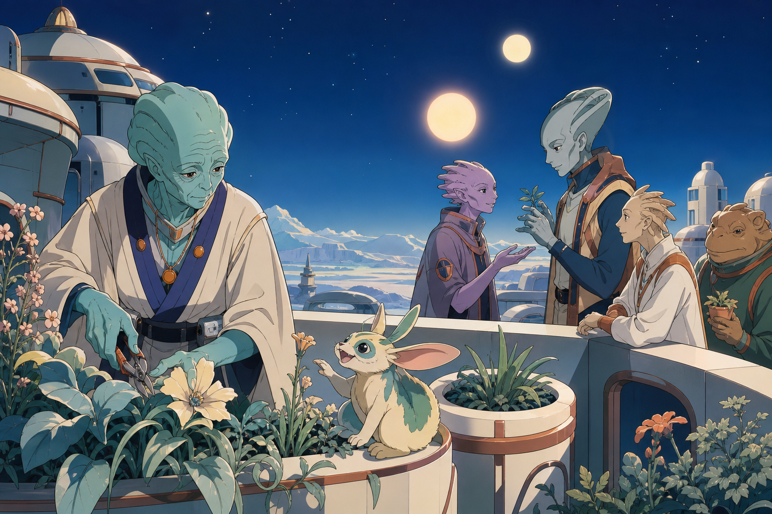 An elderly alien tending a balcony garden beneath two suns, during a warm community interaction across several species. Observational everyday frame that makes alien life feel familiar. Moonlit indigo, oxidized copper, p