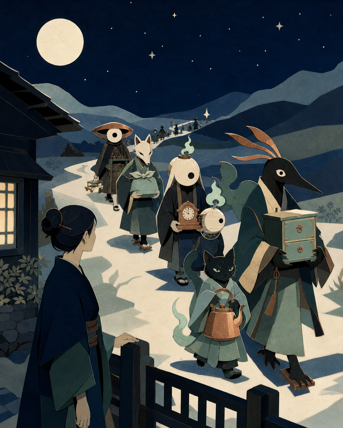 A procession of forgotten household spirits returning borrowed objects, sharing an unexpectedly ordinary moment beside a country road. Storybook narrative scene with a clear beginning and implied aftermath. Moonlit indig