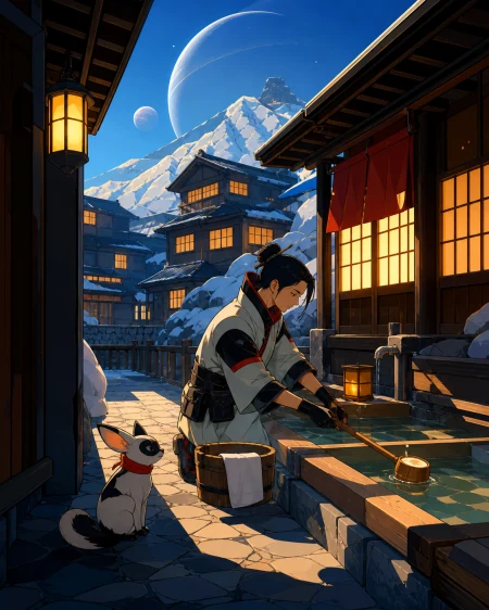 An innkeeper preparing outdoor baths before sunrise, on a cold evening when every window feels welcoming. Intimate walkway frame with architecture enclosing the characters. Pine bl