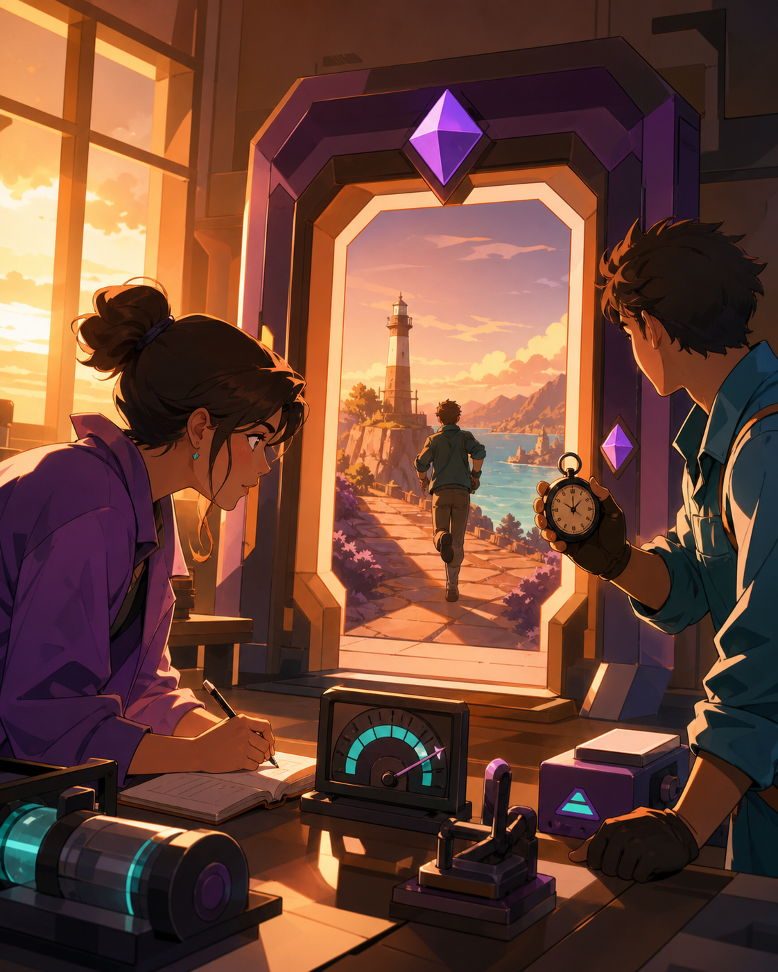 Two engineers testing a doorway that shortens inconvenient distances, during a focused test with one clearly measurable outcome. Close collaborative workbench scene with the result visible behind. Apricot, orchid purple,