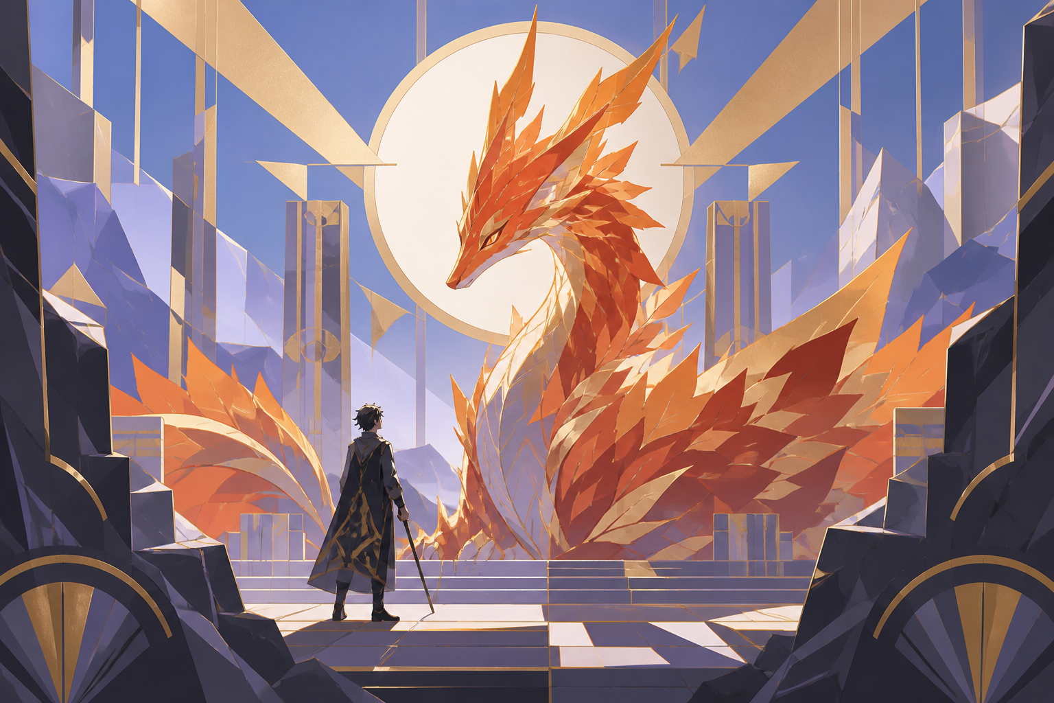 A fox-dragon made from autumn leaves and ember-like light, meeting a lone traveler without hostility for the first time. Low-angle encounter framed by terrain and atmospheric depth. Pale lavender, icy blue, graphite, and