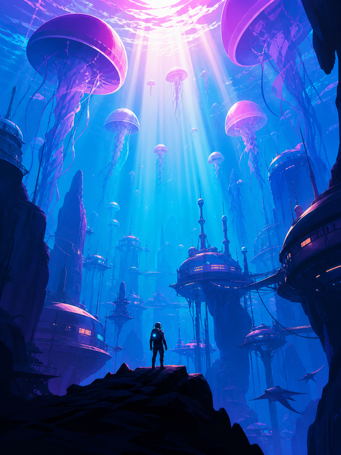 A research village suspended beneath a field of glowing jellyfish, during the brief hour when sunlight reaches the seafloor. Vertical descent composition with a tiny explorer providing scale. Saturated magenta, electric 