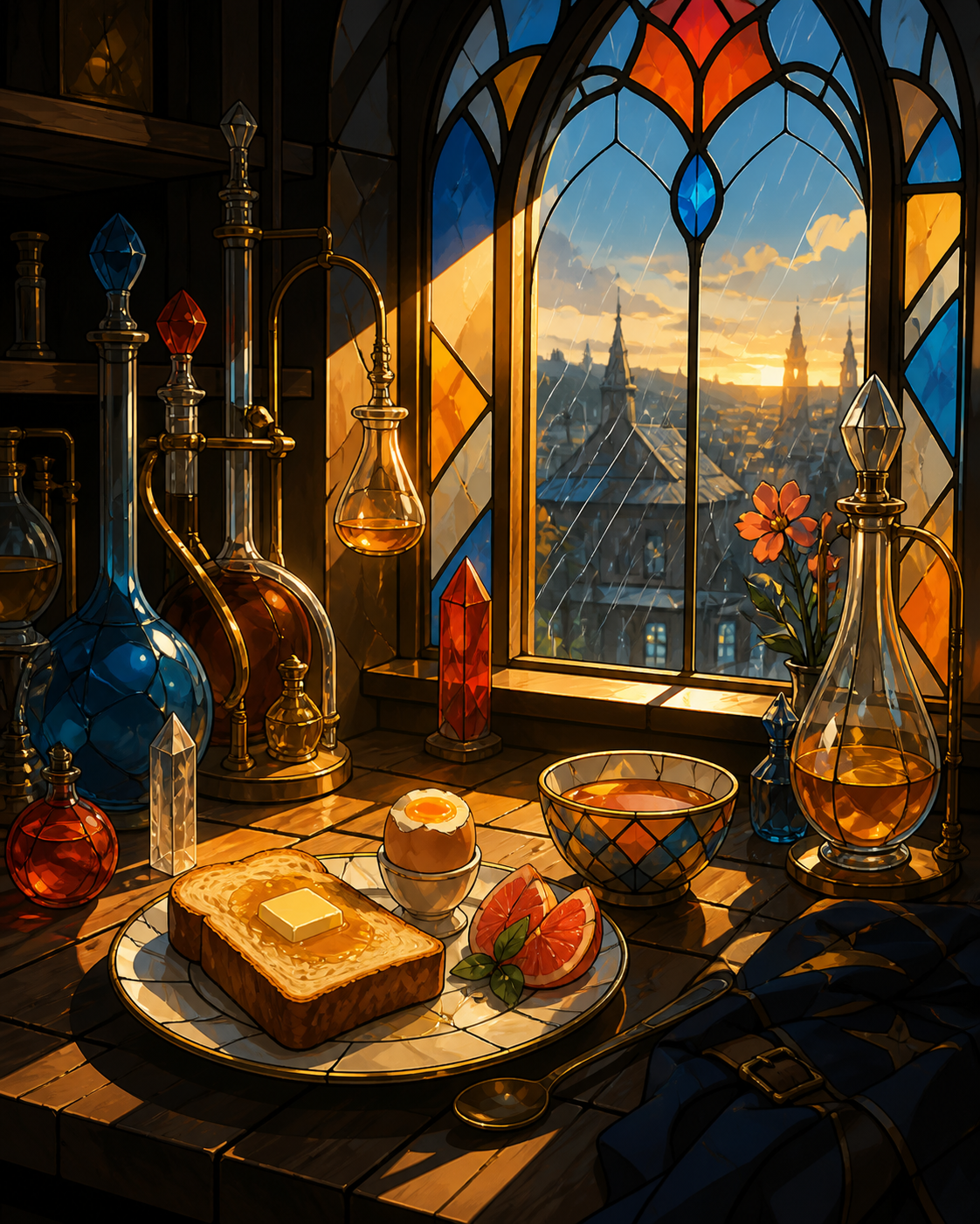 A traveling alchemist's breakfast arranged among curious glass instruments, arranged on a worn wooden counter beside a rain-streaked window. Carefully composed tabletop still life viewed slightly from above. Amber, walnu