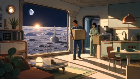 An adult couple moving household belongings into a tiny apartment on the moon, shown as ordinary domestic life in an extraordinary location. Cozy interior-wide frame with space vis