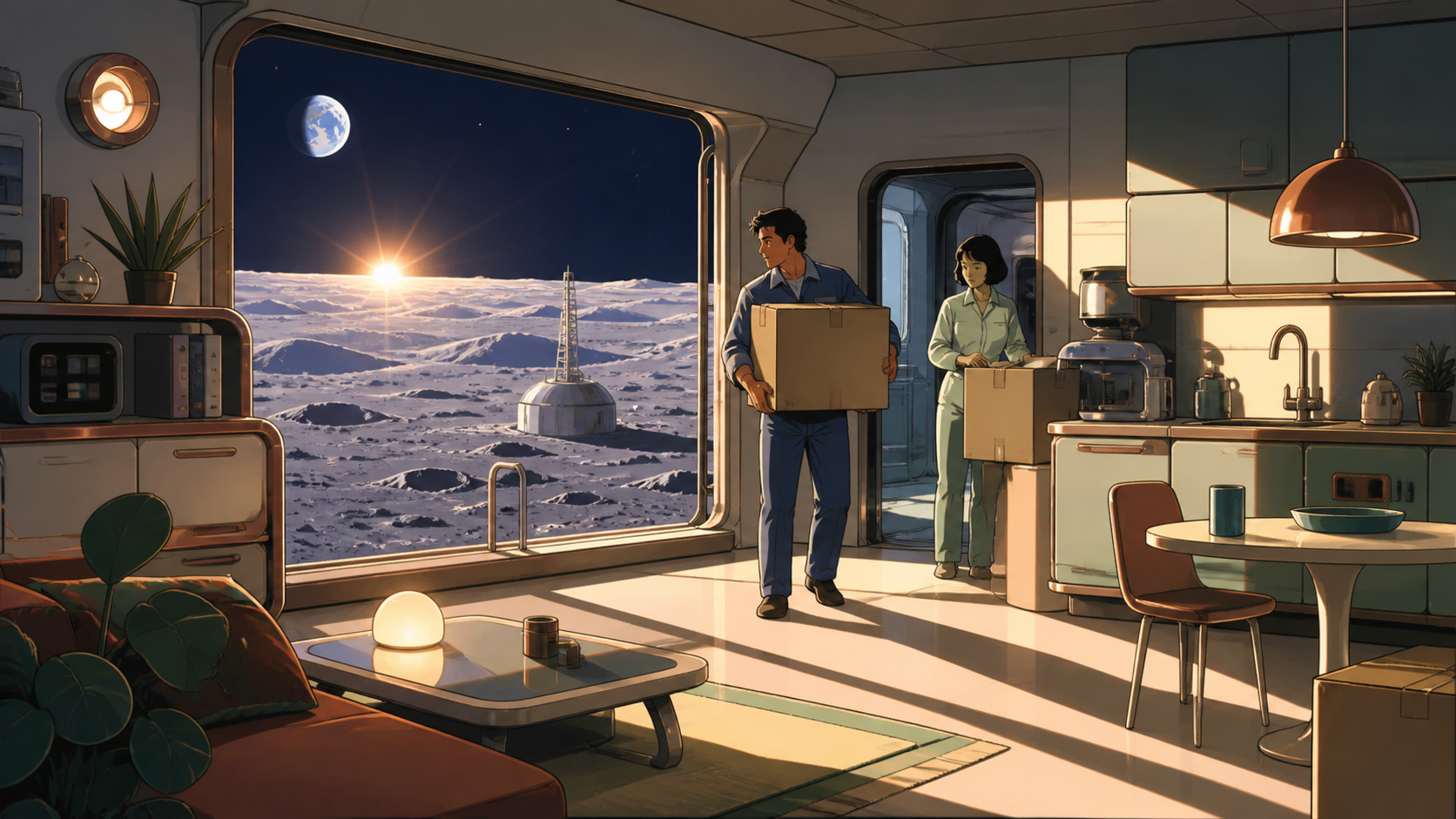 An adult couple moving household belongings into a tiny apartment on the moon, shown as ordinary domestic life in an extraordinary location. Cozy interior-wide frame with space visible through one large opening. Moonlit 