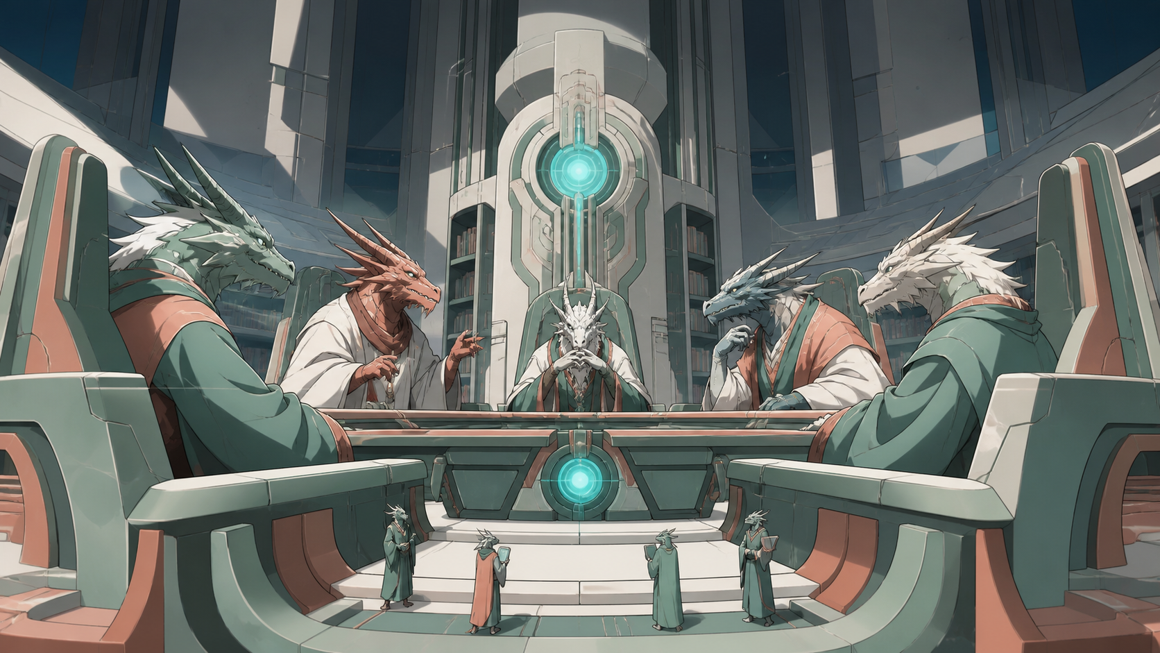 A council of elderly dragon librarians debating an overdue book, as a minor civic problem brings several personalities together. Street-level view immersed in the society's everyday architecture. Sea-glass green, faded c