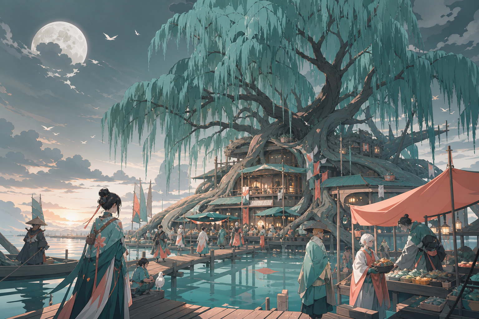 A moonlit willow sheltering a quiet market on floating walkways, at the first light of morning after a transformative storm has passed. Wide landscape frame with the tree organizing every path and settlement. Sea-glass g
